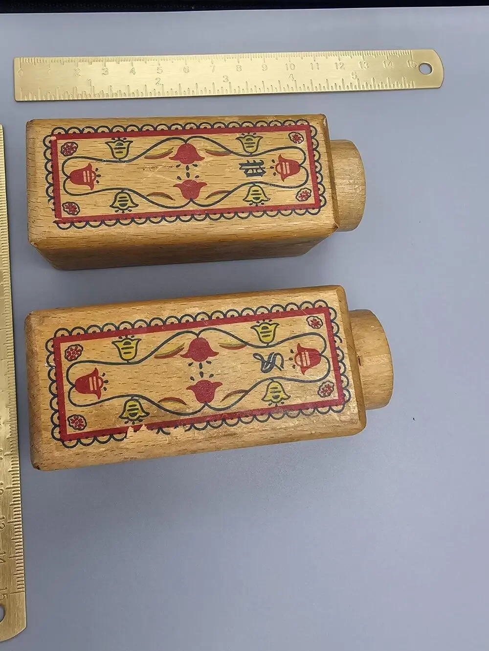 Vintage Wooden Salt and Pepper Shaker Set with Folk Art Design
